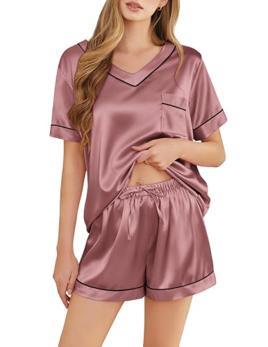 Image of Silk Pajamas for Women Short Sleeve Satin 2 Piece Pj Set Soft V Neck Sleepwear Loungewear, S-XXL