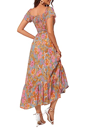Image of Summer Smocked Boho Maxi Dress for Women 2026 Short Sleeve Floral Smocked Flowy Ruffled Beach Vacation Dresses Lightweight