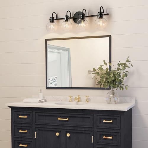 Image of KSANA Black Bathroom Light Fixtures, 4-Light Modern Farmhouse Black Vanity Lights with Clear Glass Shade Over Mirror for Hallway, Kitchen, Bedroom, and Living Room