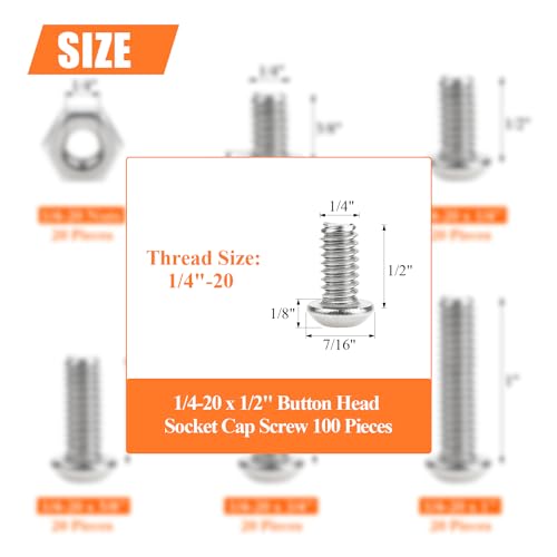 Image of 100 Pieces 1 /4-20 x 1 /2 inch Button Head Socket Cap Screws Bolts, HELIFOUNER 304 Stainless Steel (18-8) Screws, Bright Finish, Fully Threaded