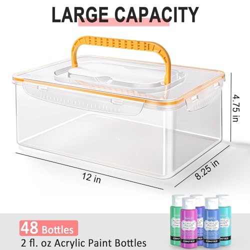 Image of Vowcarol Acrylic Paint Storage Box for 2 fl. oz Acrylic Paints, 48 Bottles Capacity, Brushes Craft Organizer with Handle