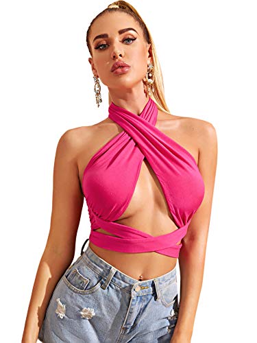 SheIn Women s Sexy Cut Out Halter Crisscross Tie Back Crop Tank Top Hot Pink Large
