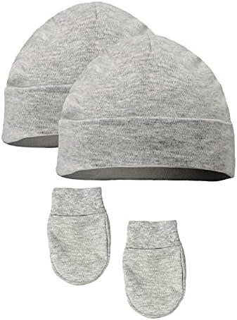 Soft Touch 2 x Baby Hat & Mittens Set 2 Pairs Anti Scratch Mittens Baby Boys Girls Cotton Hat NB & 0-3 Months