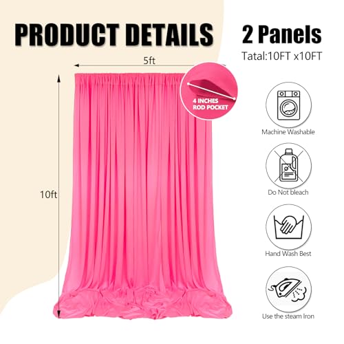 Image of 10ft x 10ft Fluorescent Pink Backdrop Curtains for Parties, Polyester Fabric Backdrop Drapes with Rod Pockets for Weddings, Birthday, Mother's Day, Graduation Party Background Curtain, 2 Panels