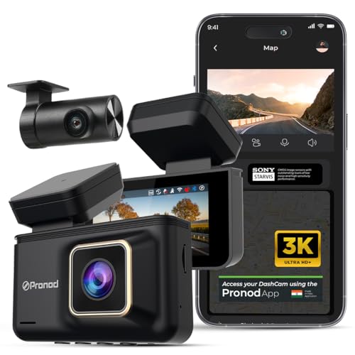 Image of PRONOD 3K Dash Cam for Car Front and Rear | Dashcam for Car with Mic, AI Voice Control, 3 inch IPS Display, Sony Starvis Sensor, WiFi App Control, G-Sensor, 24H Parking Mode, Two Way Audio-Supports 256GB