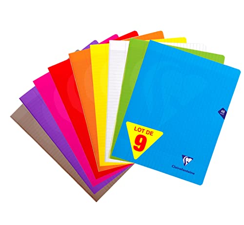 Clairefontaine 299311AMZC Lot de 9 Cahiers Agrafés Mimesys - 24x32 cm - 48 Pages Grands Carreaux - Papier Blanc 90g Couverture Polypro (Bleu, Rouge, Vert, Jaune, Violet, Gris, Orange, Rose, Incolore)
