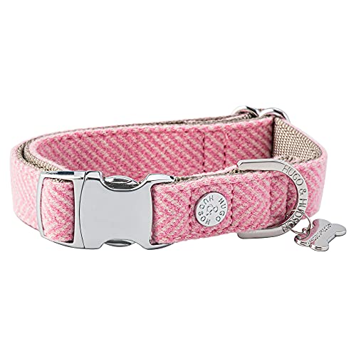 HUGO & HUDSON Tweed Dog Collar Quick Release Metal Safety Buckle, Pink Herringbone, XS