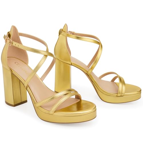 Image of CELLENZ Women Strappy Platform Heels: 3.4 Inch Chunky Heeled Sandals, Comfortable Sexy Block High Heels, for Prom Party Bridal Wedding Black White Silver Nude Dressy Shoes