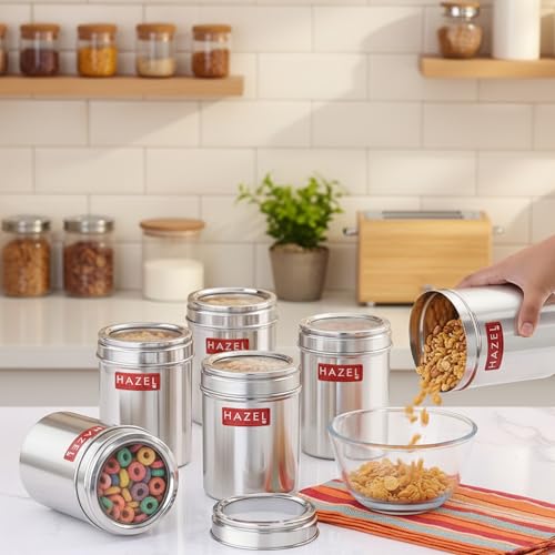 Image of HAZEL Stainless Steel Kitchen Container with Transparent Lid | Top See Through Kitchen Container Set with Matt Finish | Multipurpose Container for Kitchen Storage, 900 ML, Set of 6