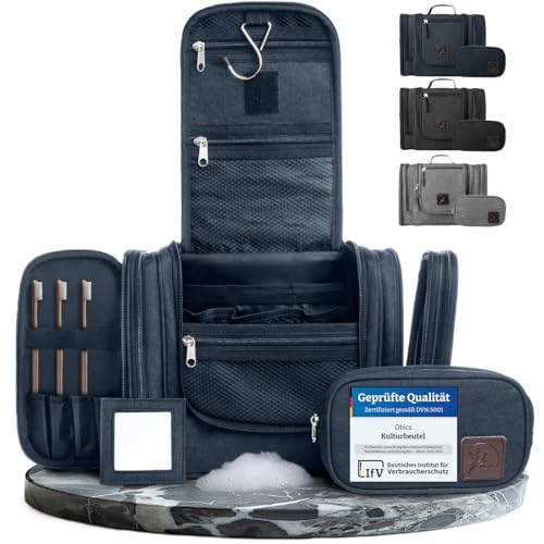 Obics Kulturbeutel Herren & Damen Gross blau 8L XL - Kulturtasche zum Aufhängen & mit Spiegel - Kosmetiktasche mit Henkel hängend - Beauty case groß - Waschtasche 10 Fächer für Camping Reisen