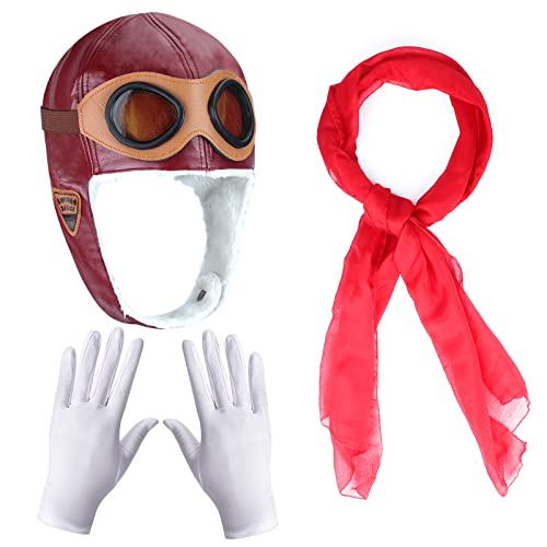 Keymall Kids Aviator Costume Accessories Pilot Aviator Hat with Goggles for Halloween Career Day Birthday Cosplay Costume (Wine Hat,Red Scarf,Gloves)