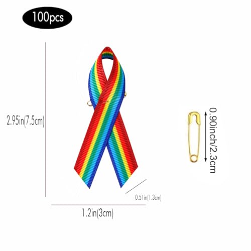 Image of 100pcs Rainbow Awareness Ribbons with Safety Pins Grosgrain Ribbon 1.4 * 3 inch