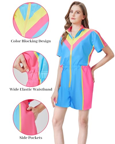 80s Outfit for Women Color Block One Piece Windbreaker Outfits for Women Neon Short Sleeve Zip Front Elastic Waist Jumpsuit2