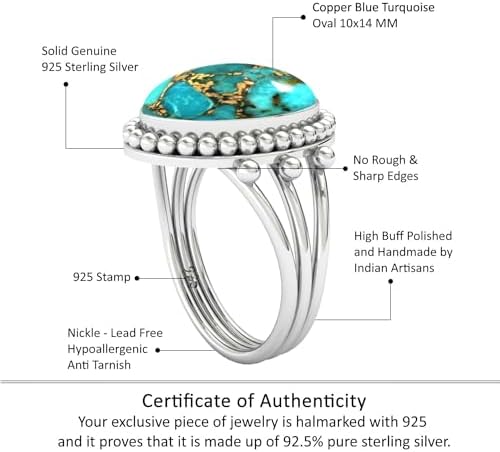 JEWELOPORIUM Copper Blue Turquoise Silver Ring Size 7.5, 925 Sterling Silver Ring for Women, Oval Stone Boho Jewelry - 3
