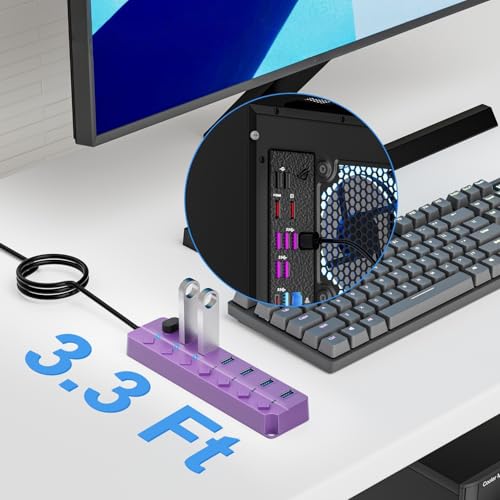 Image of ONFINIO USB Hub 3.0, 7-Port USB Hub Splitter with Individual On /Off Switches and Lights, 3.2ft /1m Long Cable Compatible with MacBook, Laptop, Surface Pro, PS4, PC, Flash Drive, Mobile HDD-Purple