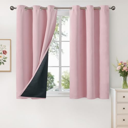 Image of YoungsTex Short 100% Blackout Curtains 45 Inches Length for Kids Bedroom, Thick Full Light Blocking Thermal Insulated Blackout Window Drapes with Liner, Baby Pink, 2 Panels, 42 X 45 Inch