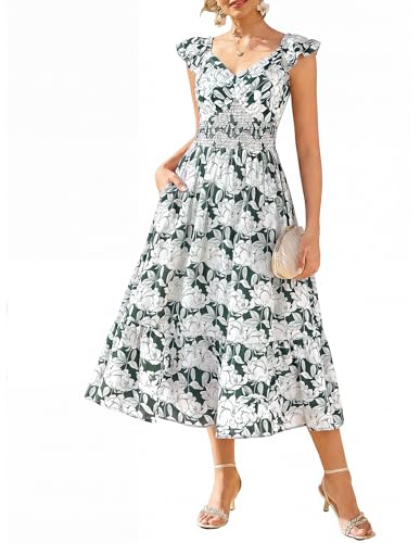 Image of GRACE KARIN Women's Summer Floral Maxi Dress 2026 Ruffle Sleeve Smocked Sundress Flowy Wedding Guest Long Dresses with Pocket