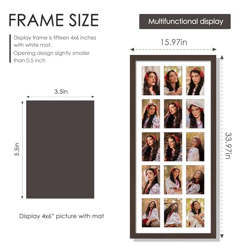 Image of DUENPY 14x32 Picture Frame 4x6 Collage Picture Frame Displays Fifteen 4x6 inch Photos Collage Wall Decor Wall Hanging Walnut