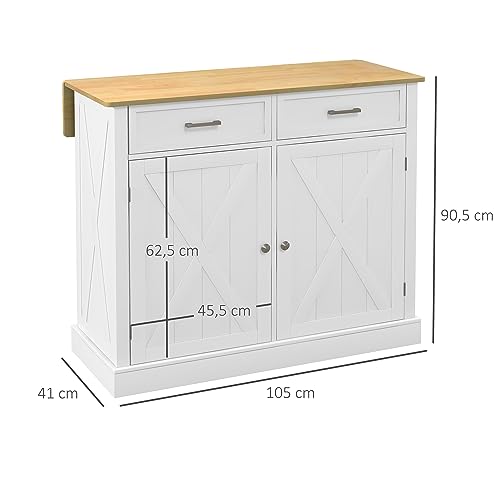 Miniatura 3 de Homcom Isla De Cocina Mueble Auxiliar De Cocina Con Encimera Plegable 2 Puertas 2 Cajones 4 Ruedas Y Estante Ajustable 105x60x90,5 Cm Blanco