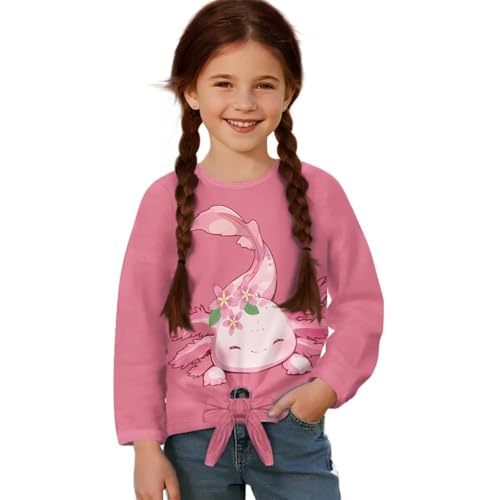 WELLFLYHOM Axolotl Long Sleeve Shirt 5-12T Girls Graphic T-shirt Front Knot Pullover Top Casual Crewneck Tees
