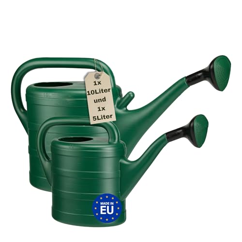 Gießkanne 1x 5L und 1x 10L Dunkelgrün – Kunststoff Giesskanne mit abnehmbaren Brausekopf, Garten-Gießkanne für Balkon & Pflanzen, Made in EU & HLKauf-Block