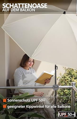 4smile Sonnenschirm Balkon SunnyJoy im 3er-Set - UPF 50+ Balkon Schirm 160 cm + Sonnenschirmhalter Balkongeländer SunnyEasy + Sonnenschirmhülle - Sonnenschutz Balkon, Sonnenschirm Strand, Beige 3