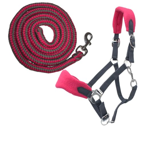 PFIFF 103103 Halfter-Set „Sunny“, 3-teiliges Set aus Halfter, Strick und Fliegenfransen, individuell anpassbar, Grau-Rosa, Pony