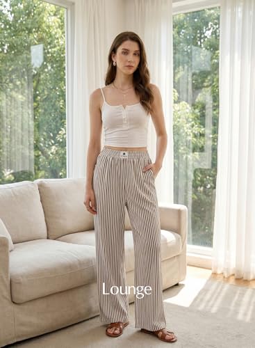 EVALESS Women's Striped Pants Spring Summer 2026 Comfy Pajama Pants High Waist Wide Leg Lounge Pants Patched Y2K Casual Trousers Lightweight PJ Bottoms with Pockets Brown Stripe XX-Large - image 5