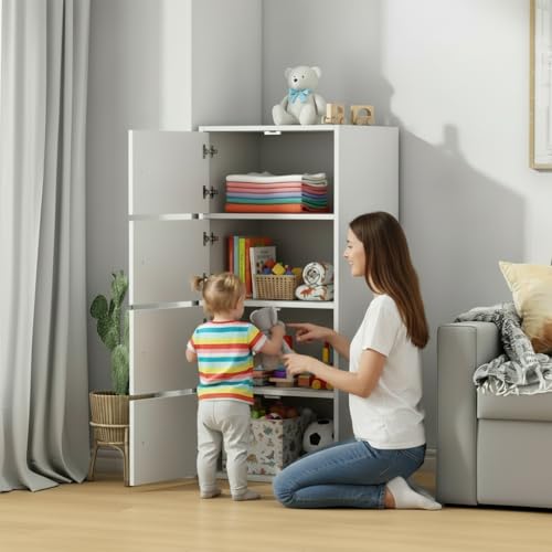 Image of EXVITO 4 Door Premium Wooden Multi-Door Wardrobe Cabinet with Shelves | Space Saving Clothes Organizer Almirah for Bedroom, Living Room & Kids Room | Elegant Storage Almirah (Off-White, 4 Door)