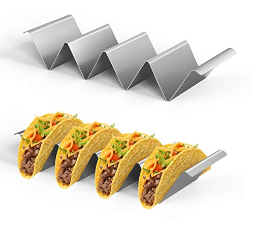 Nuovoware Taco Halter, 2 Stück Edelstahl Taco Ständer Rostfrei Taco Gestell Halt mit Griff Spülmaschinenfest tortilla ständer für Tacos Sandwiches Würste behalter für Kinder Familien Partys - Silber Cover