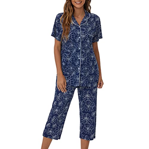 Image of Tugege Capri Pajamas Set Womens Button Down Short Sleeve Lounge Sets Sleepwear Notch Collar Top & Capri 2 Piece PJ Sets