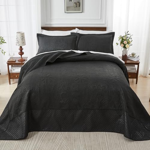 Qucover Black Oversized King Bedspread 128x120, All-Season Lightweight California King Quilt Set, with 2 Shams, Soft Microfiber King Size Bedspread Oversized, Black