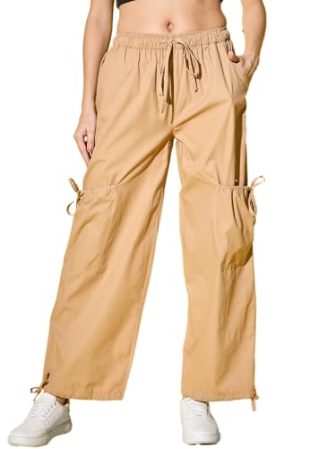 Image of DIMPY GARMENTS Solid Cotton Blend Women's Cargo Pants | Adjustable Tie-Side Cargo Pockets
