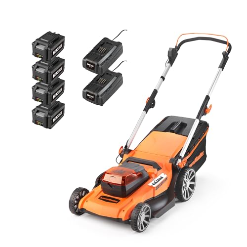 LawnMaster Cortacésped inalámbrico de 48 V y 46 cm con juego de repuesto de baterías MX 24V 4.0Ah y 2 cargadores rápidos. Con rodillo trasero, expulsión lateral de césped y función de mantillo, 2 años