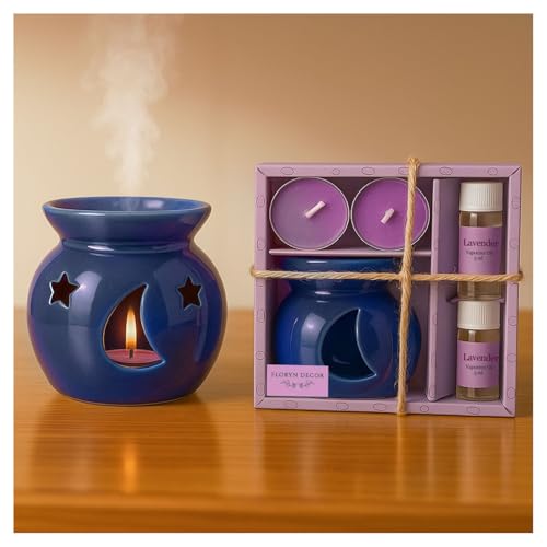 Image of Floryn Decor Ceramic Oil Diffuser Set with 5ml Essential Oil & 2 Tealight Candles | Aromatherapy Burner for Home, Bedroom, Spa & Office | Relaxing Fragrance, Compact Size - Gift Pack Blue