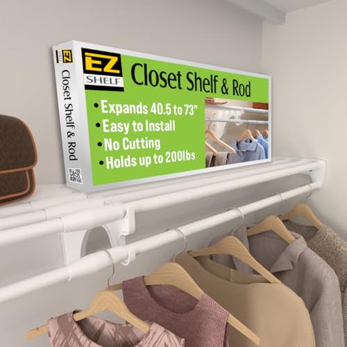 EZ SHELF- Closet Shelf with Hanging Rod, Expands 40.5-73', White, Closet Shelves Hold 200 lbs, Easy...
