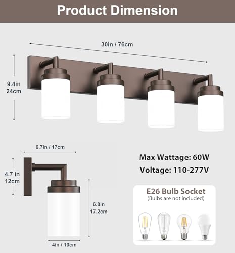 Image of Bathroom Light Fixtures, Oil Rubbed Bronze Bathroom Lighting Fixtures Over Mirror, Modern Vanity Light with White Glass Shade, Restroom Lighting Fixtures, 4-Light 30-inch