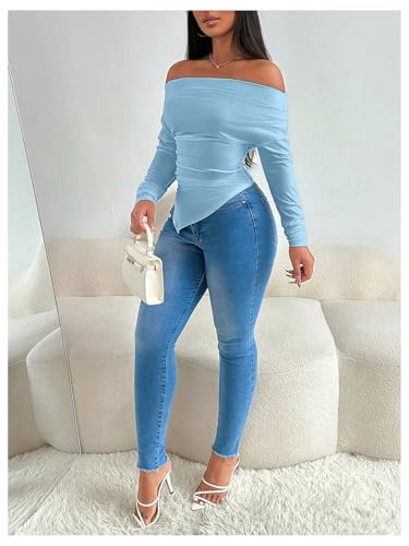 SweatyRocks Women's Long Sleeve Off The Shoulder Asymmetrical Ruched Slim Fit T Shirt Top4