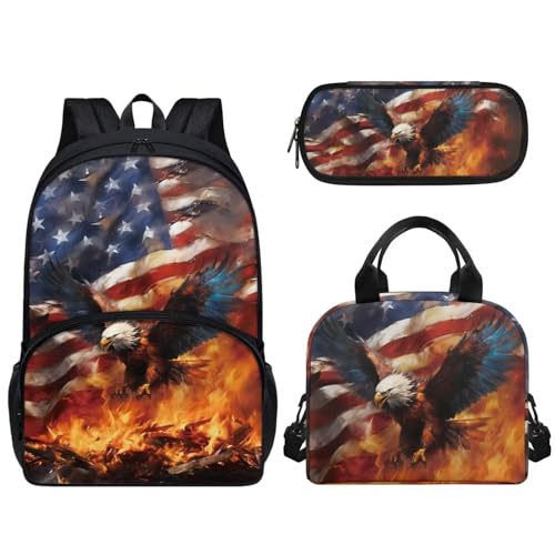 Wideasale 3 Pack School Bag for Boys American Flag Fire Eagle Print Backpack Bookbag with Lunch Box Pencil Case Elementary/Primary/Middle Kids Backpack Daypack Satchel Set