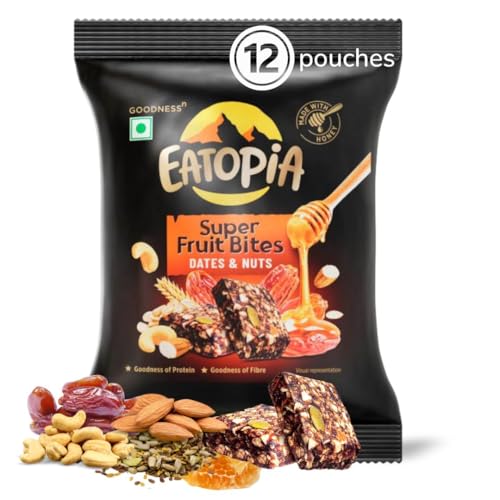 Image of Eatopia Date & Nuts Super Fruit Bites | Sugar Free Healthy Energy Bars | Date Bites | No Preservatives & Refined Sugar | Dry Fruits Protein Bars | Healthy Food | Oats & Honey, Nuts & Seeds | Pack of 12 (20g Each)