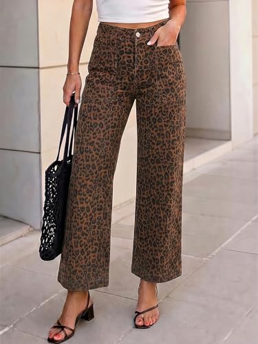 Flowyair Womens Wide Leg Jeans High Waisted Leopard Cropped Denim Pants — view 2