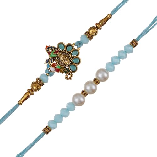 Image of eCraftIndia Set of 2 Light Blue Golden Premium Designer Rakhi for Brother Bhaiya Bhai | Roli Chawal Pack | Rakhi Combo