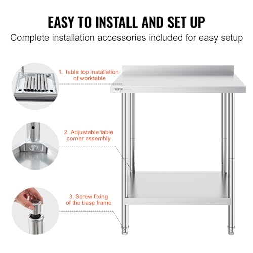 Image of VEVOR 24 x 30 x 36 Inch Stainless Steel Work Table, Commercial Food Prep Worktable Heavy Duty Prep Worktable, Metal Work Table with Adjustable Height for Restaurant, Home and Hotel