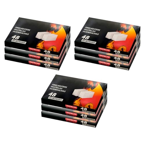 AC - Pack de 9 Paquetes de 48 Pastillas para encender Fuegos - Encendido de barbacoas, chimeneas, hogueras, cocinas de leña, Estufas - Color Blanco