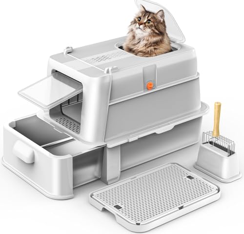 Enclosed Stainless Steel Cat Litter Box with Lid,XL Large Metal C...