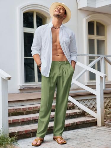 Image of Runcati Mens Casual Pants Elastic Waist Lightweight Loose Pleated Slacks | Summer Beach, Yoga Trousers, Button Closure, Straight Leg, With Pockets, Solid Color