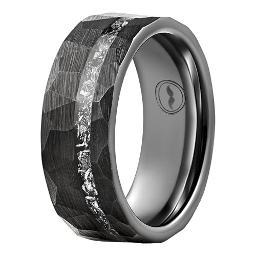 Gentlemen's Bands Black Tungsten Men's Wedding Band with Hammered Design & Real Meteorite Inlay-8mm | Black Engagement/Wedding Ring for Men | Includes Silicone Band, Leather Pouch & Luxury Walnut Box