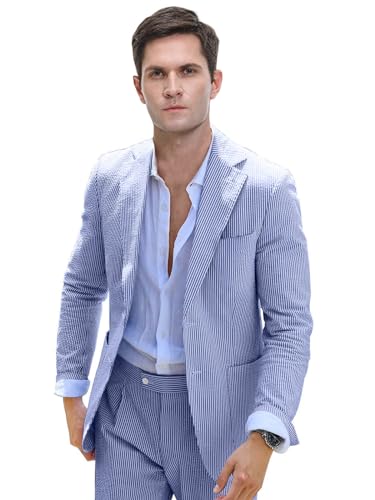 Wemaliyzd Mens Seersucker Suit for Summer Wedding Party Striped Jacket Pants