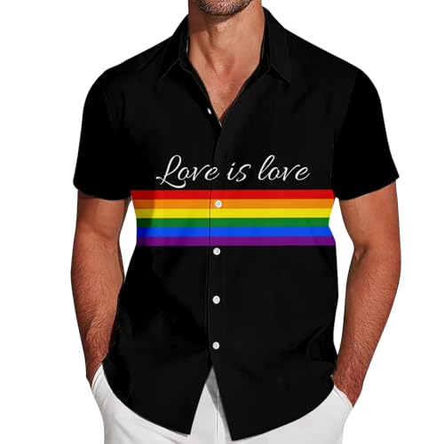 RUMAOZIA Gay Pride Month Hemd Herren Regenbogen Multicolored Kurzarm Hemd LGBTQ Rainbow Herrenhemd Rainbow Flagge Hawaiihemd Pride Month T-Shirt Strandhemd Love is Love Hemd Rainbow Costume, Z06 negro