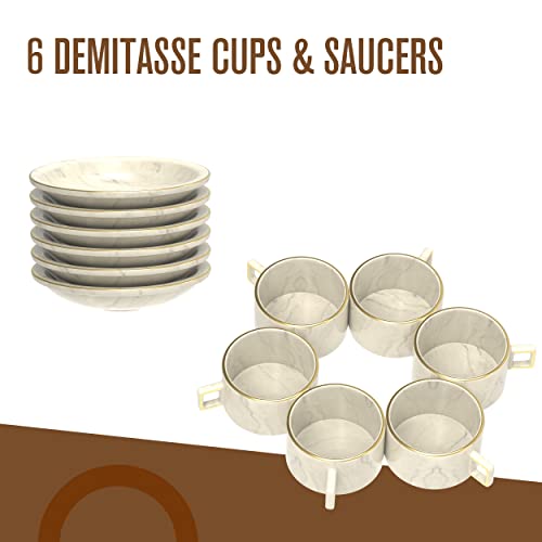 Houseables Espresso Cups And Saucers Set, Marble, Stackable Demitasse Cups With Metal Stand, 13 Pieces, 2.5 Ounce, Porcelain, Tea Kit, Teacups, Turkish Coffee Mug, Organizer Rack, Dishwasher Safe #TOP5